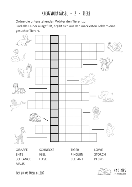 Ausmalbild Kinderrätsel Kreuzworträtsel – 2 – Tiere